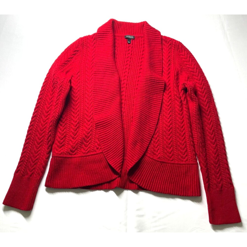 Talbots red cardigan shawl collar wool blend size L cable knit open front
